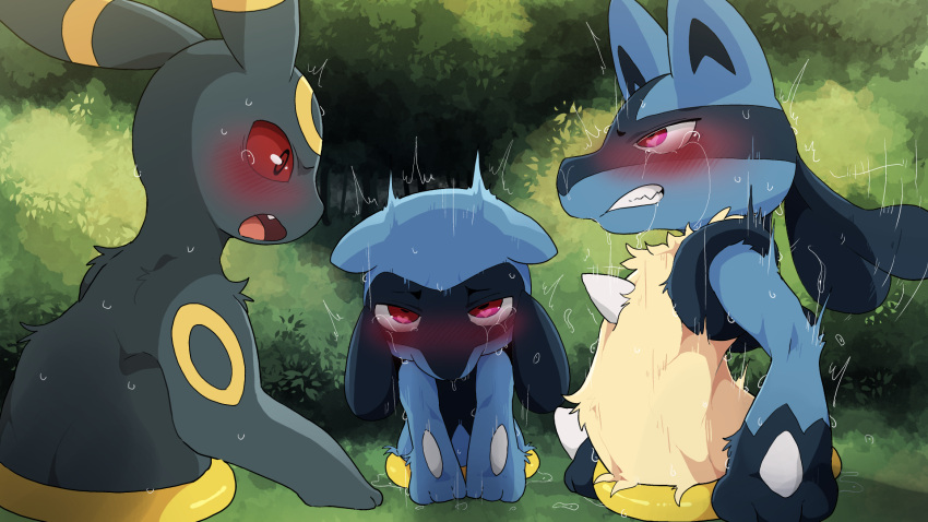 3boys animal_ears blush clenched_teeth commentary crying crying_with_eyes_open dagasi fang heart heart-shaped_pupils highres lucario male_focus multiple_boys open_mouth parted_lips pokemon pokemon_(creature) red_eyes riolu symbol-shaped_pupils tears teeth trembling umbreon