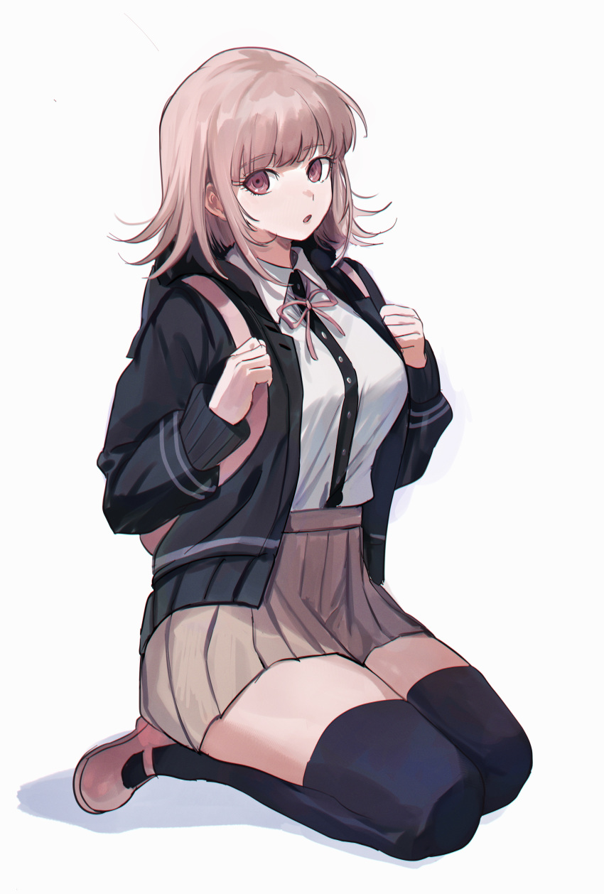 1girl :o absurdres black_jacket black_thighhighs bojue_(hakus_1128) brown_skirt collared_shirt danganronpa_(series) danganronpa_2:_goodbye_despair dress_shirt flipped_hair hair_ornament highres holding_strap jacket long_sleeves medium_hair miniskirt nanami_chiaki no_hair_ornament open_clothes open_jacket pink_bag pink_eyes pink_footwear ribbon seiza shirt simple_background sitting skirt thighhighs two-tone_shirt zettai_ryouiki