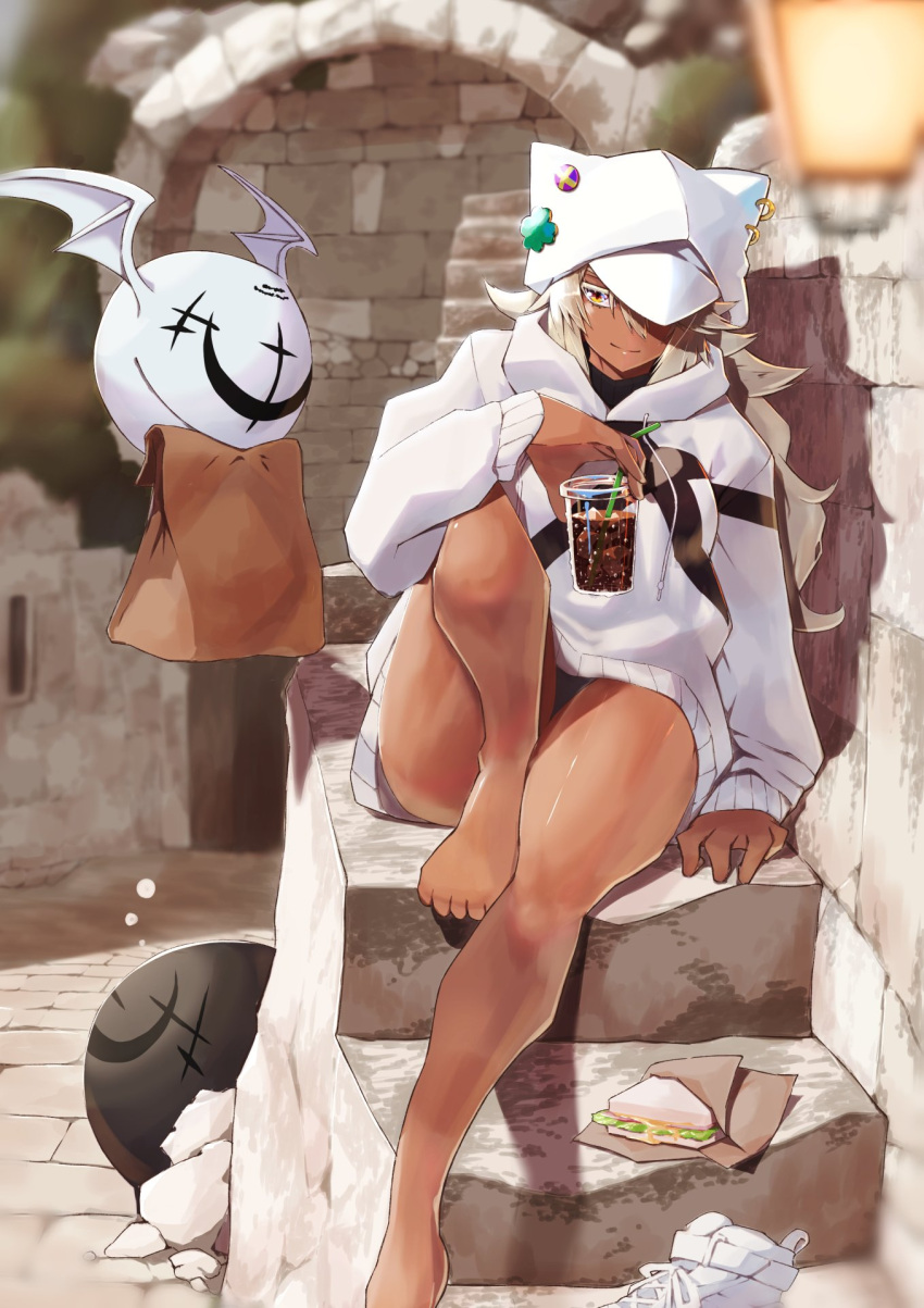 1girl alternate_costume bag bare_legs barefoot clover creature cup dark-skinned_female dark_skin disposable_cup drink food four-leaf_clover guilty_gear guilty_gear_strive hat hat_over_one_eye highres holding holding_drink long_hair lucifero_(guilty_gear) orange_eyes paper_bag ramlethal_valentine sandwich shoes smile soda strail_cycleman sweater thighs white_hair white_headwear yellow_eyes