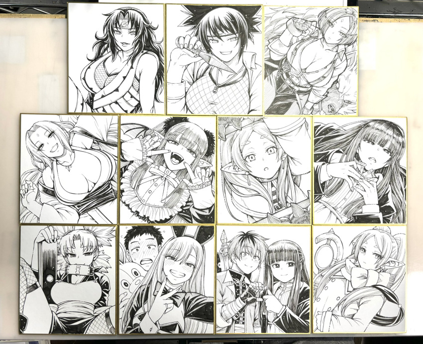 2boys 6+girls breasts character_request chiba_toshirou cleavage copyright_request fangs frieren giovanna_(guilty_gear) gojou_wakana guilty_gear guilty_gear_strive half-heart_hands highres kitagawa_marin large_breasts long_hair mitarashi_anko multiple_boys multiple_girls photo_(medium) pointy_ears shikishi sono_bisque_doll_wa_koi_wo_suru sousou_no_frieren tagme temari_(naruto) tsunade_(naruto) yuuhi_kurenai