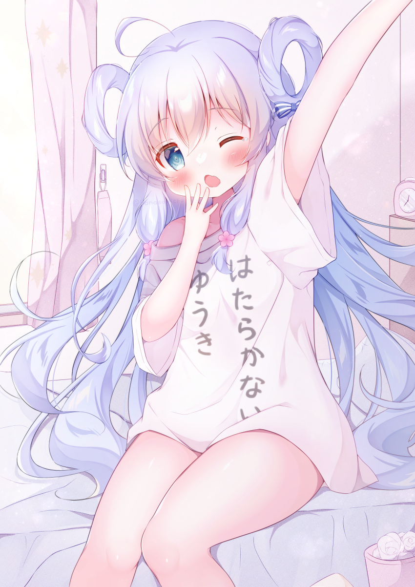 1girl ;o ahoge artist_name bare_legs bedroom blue_bow blue_eyes blue_hair bow clothes_writing flower_knight_girl hair_between_eyes hair_rings hanasakichu highres indoors long_hair on_bed one_eye_closed shirt sutera_(flower_knight_girl) tagme thighs waking_up white_shirt yawning