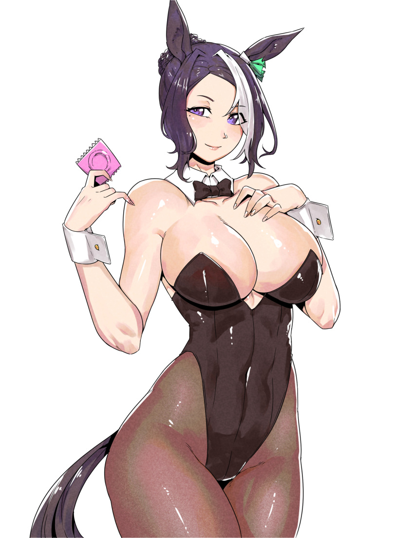 1girl absurdres animal_ears bare_shoulders black_bow black_bowtie black_hair black_leotard bow bowtie braid braided_bun breasts cleavage commentary_request condom detached_collar hair_bun hand_on_own_chest highleg highleg_leotard highres holding holding_condom horse_ears horse_girl horse_tail large_breasts leotard looking_at_viewer lying mejiro_ramonu_(umamusume) minew mole mole_under_eye multicolored_hair nontraditional_playboy_bunny pantyhose purple_eyes simple_background single_hair_bun solo strapless strapless_leotard streaked_hair tail umamusume white_background wrist_cuffs