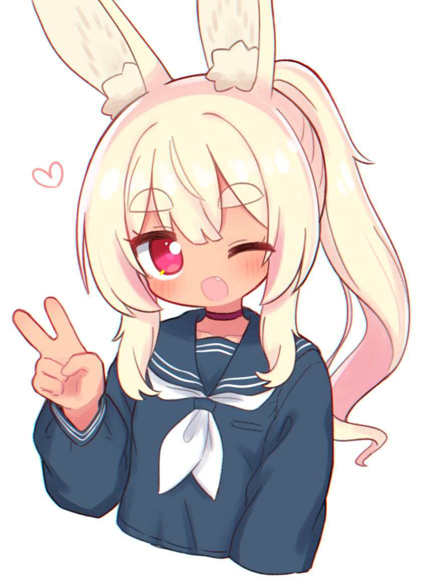 1girl ;d animal_ear_fluff animal_ears blonde_hair blue_sailor_collar blue_shirt blush choker chromatic_aberration collarbone commentary cropped_torso fang hand_up heart heart-shaped_pupils highres long_hair long_sleeves looking_at_viewer masurao_(sekaiju) masurao_2_(sekaiju) naga_u neckerchief one_eye_closed puffy_long_sleeves puffy_sleeves purple_choker purple_eyes rabbit_ears rabbit_girl revision sailor_collar sekaiju_no_meikyuu sekaiju_no_meikyuu_5 shirt short_eyebrows side_ponytail simple_background smile solo symbol-shaped_pupils thick_eyebrows v white_background white_neckerchief