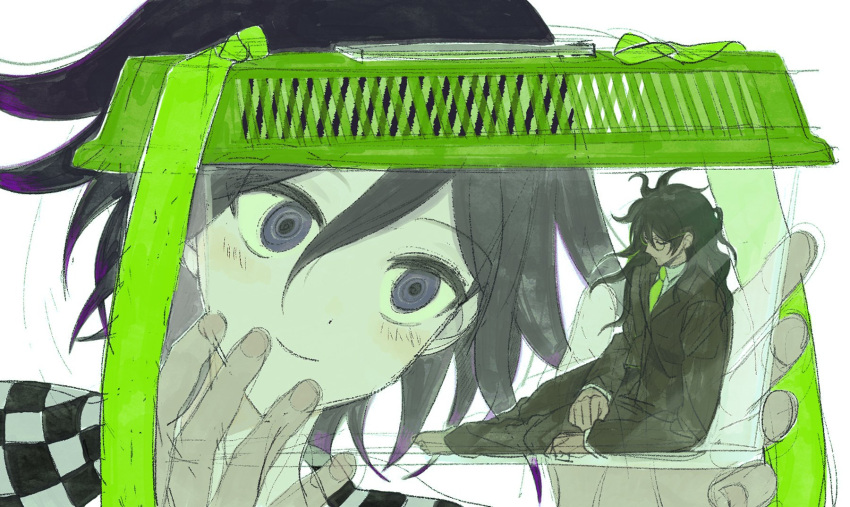 2boys barefoot black_hair blush brown_jacket brown_pants cage checkered_clothes checkered_scarf closed_eyes closed_mouth collared_shirt danganronpa_(series) danganronpa_v3:_killing_harmony giant giant_male glasses gokuhara_gonta green_hair green_necktie highres holding holding_cage insect_cage jacket long_hair long_sleeves looking_at_another multicolored_hair multiple_boys necktie oma_kokichi pants purple_eyes round_eyewear scarf shirt short_hair simple_background sitting smile vo1ez white_background