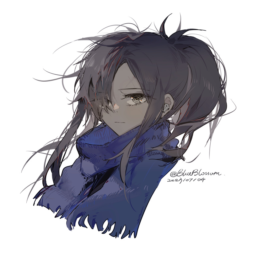 1girl absurdres angelia_(girls'_frontline) artist_name black_hair blue_scarf blueblossom brown_eyes dated english_commentary expressionless girls'_frontline hair_over_one_eye head_only highres long_hair looking_at_viewer parted_bangs ponytail scar scar_on_face scar_on_forehead scarf sidelocks simple_background solo white_background