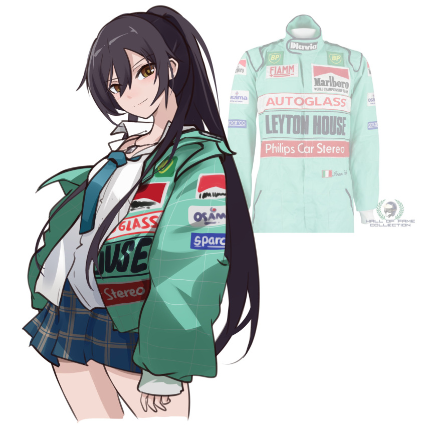 absurdres black_hair blue_necktie blue_skirt breasts brown_eyes commentary cosplay formula_one green_jacket green_jumpsuit hair_behind_ear head_tilt highres holeecrab idolmaster idolmaster_shiny_colors italian_flag ivan_capelli ivan_capelli_(cosplay) jacket jumpsuit leaning_back long_hair looking_at_viewer marlboro medium_breasts necktie plaid plaid_skirt ponytail racing_suit shirase_sakuya skirt smile sparco symbol-only_commentary very_long_hair white_background