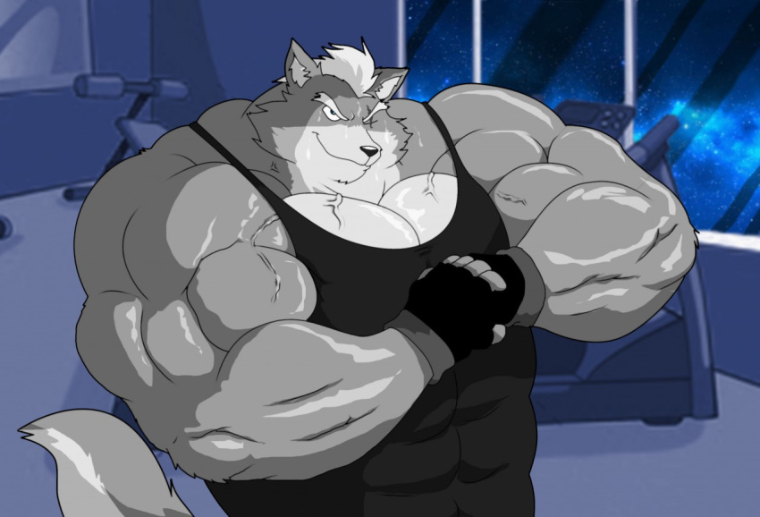 2016 anthro big_muscles canid canine canis clothing digital_media_(artwork) fingerless_gloves fur gloves grey_body grey_fur hair handwear male mammal multicolored_body multicolored_fur muscular muscular_anthro muscular_male nintendo one_eye_closed scar shirt sleeveless sleeveless_shirt solo star_fox topwear two_tone_body two_tone_fur vein veiny_muscles weight_bench wolf wolf_o'donnell xxsparcoxx