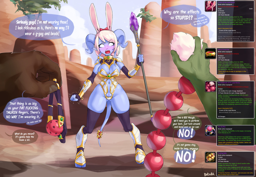 1girl anal_beads anal_tail animal_ears armor ass_visible_through_thighs ball_gag bell bikini_armor black_gloves black_legwear blank_eyes blue_horns blue_skin blush borvar bow breasts bunny_ears cleavage clenched_hand colored_skin digitigrade draenei elbow_gloves embarrassed english_commentary english_text fake_animal_ears fake_tail fang fingerless_gloves full_body gag gloves hair_bow highres horns medium_breasts narrow_waist navel no_pupils nose_blush platinum_blonde_hair pointy_ears pov pov_hands pubic_tattoo red_bow revealing_clothes sex_toy short_hair short_stack shoulder_armor skindentation solo_focus speech_bubble staff tail tail_bell tail_ornament tattoo thick_thighs thighhighs thighs trembling vambraces warcraft white_eyes world_of_warcraft yrel
