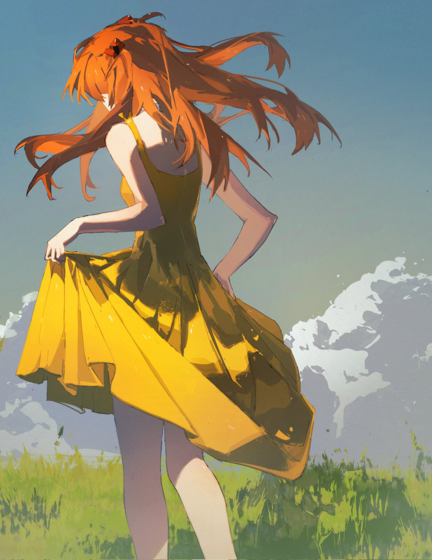 1girl back bare_shoulders breasts choker clothes_lift cloud cloudy_sky day dress eliza_804 feet_out_of_frame floating_hair from_behind grass hairpods highres kneepits long_hair median_furrow neon_genesis_evangelion orange_hair outdoors skirt_hold sky small_breasts solo souryuu_asuka_langley standing straight_hair two_side_up white_choker yellow_dress