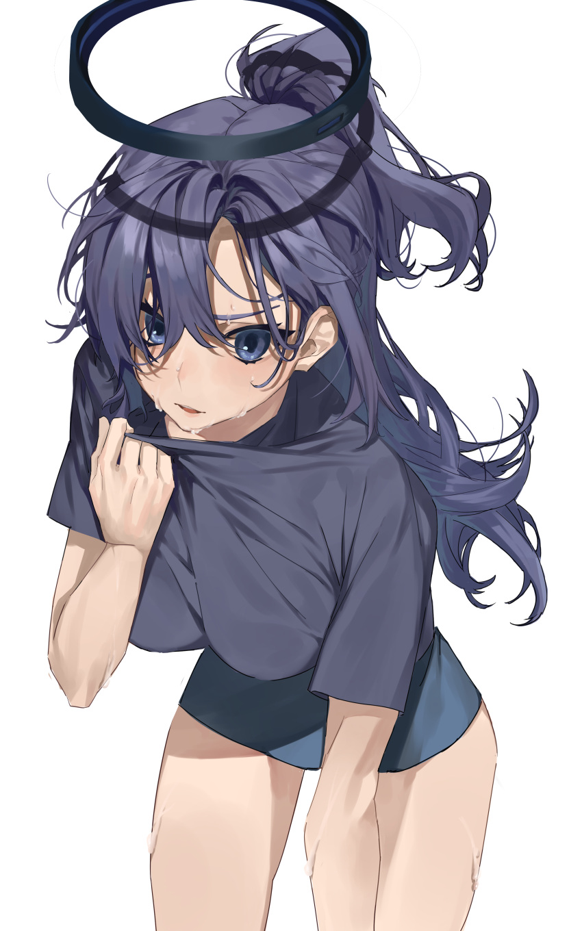 1girl absurdres black_halo black_shirt blue_archive clothes_lift cowboy_shot gym_shirt gym_uniform halo highres leaning_forward lifted_by_self long_hair mechanical_halo minchodam official_alternate_costume purple_eyes purple_hair shirt shirt_lift sweat white_background wiping_sweat yuuka_(blue_archive) yuuka_(track)_(blue_archive)