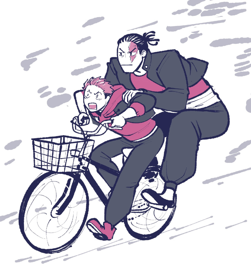 2boys bicycle black_hair frown full_body gakuran greyscale highres itadori_yuuji jujutsu_kaisen looking_ahead male_focus monochrome multiple_boys multiple_riders retro_(syntheticks) riding riding_bicycle scar scar_across_eye school_uniform short_hair sideburns speed_lines spot_color toudou_aoi_(jujutsu_kaisen) undercut