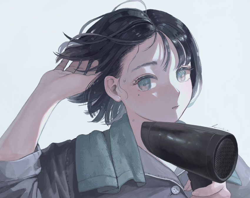 1girl aqua_eyes black_hair buttons drying drying_hair grey_shirt hair_dryer hand_in_own_hair hand_up hanio3 highres holding holding_hair_dryer looking_at_viewer mole mole_under_eye original parted_lips shirt short_hair signature simple_background sleeves_rolled_up solo towel towel_around_neck upper_body wet