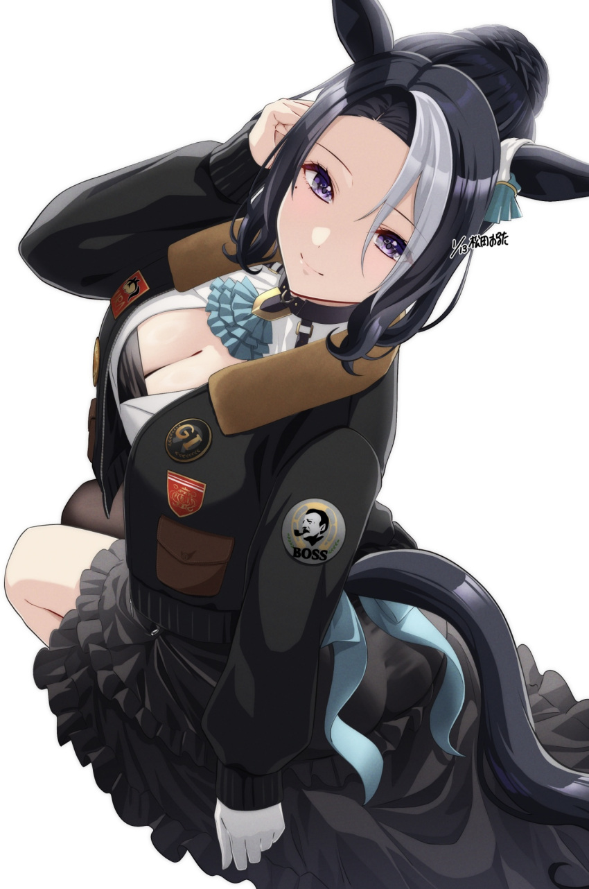 1girl animal_ears aqua_ascot artist_name black_hair black_jacket boss_coffee bow braid braided_bun breasts cleavage commentary_request dated ear_bow from_side full_body gloves hair_bun highres horse_ears horse_girl horse_tail jacket large_breasts long_hair looking_at_viewer looking_up matuda_(matudayazo) mejiro_ramonu_(umamusume) mole mole_under_eye multicolored_hair purple_eyes simple_background single_glove single_hair_bun solo streaked_hair suntory tail twitter_username umamusume white_background white_gloves white_hair