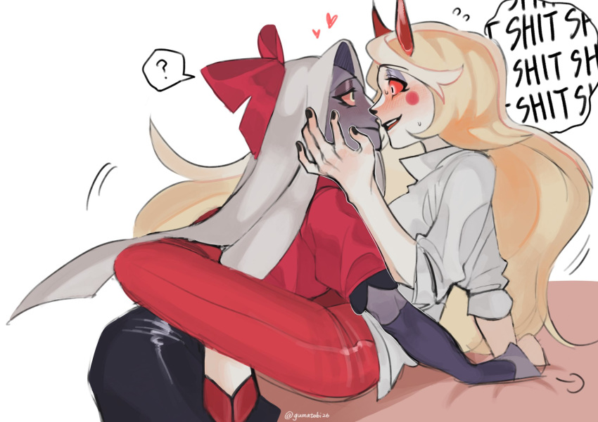 2girls ? black_nails blush charlie_morningstar circle_facial_mark colored_sclera colored_skin couple demon_girl demon_horns elbow_gloves english_text eye_contact eyeshadow gloves grey_eyeshadow grey_hair grey_skin gumatobi26 hazbin_hotel heart highres hooves horns imminent_kiss leaning_forward leg_lock long_hair looking_at_another makeup multiple_girls pants pink_sclera profanity red_horns red_pants red_sclera smile spoken_question_mark sweatdrop thought_bubble vaggie very_long_hair white_skin yellow_eyes yuri