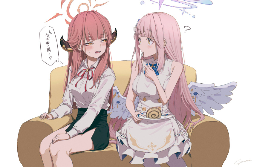 2girls ? absurdres angel_wings aru_(blue_archive) black_skirt blue_archive blush breasts brown_horns cake collared_shirt couch demon_horns dress dress_shirt feathered_wings flower food fork frilled_ribbon frills hair_bun hair_flower hair_ornament halo high-waist_skirt highres holding holding_fork horns large_breasts long_hair long_sleeves low_wings mika_(blue_archive) multiple_girls neck_ribbon necktie open_mouth pencil_skirt pink_hair pink_halo red_hair red_halo ribbon shirt shirt_tucked_in single_side_bun skirt spoken_question_mark sweatdrop swiss_roll tea_party_(blue_archive) translation_request white_dress white_shirt white_wings wing_ornament wings yellow_eyes yo_na