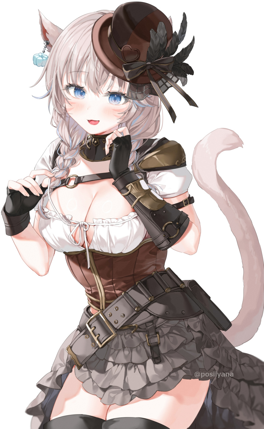 1girl absurdres animal_ears belt black_gloves blue_eyes boots breasts cat_ears cat_tail cleavage earrings facial_mark final_fantasy final_fantasy_xiv fingerless_gloves gloves hat highres jewelry large_breasts looking_at_viewer miqo'te open_mouth solo tail thigh_boots warrior_of_light_(ff14) whisker_markings white_background yana_mori