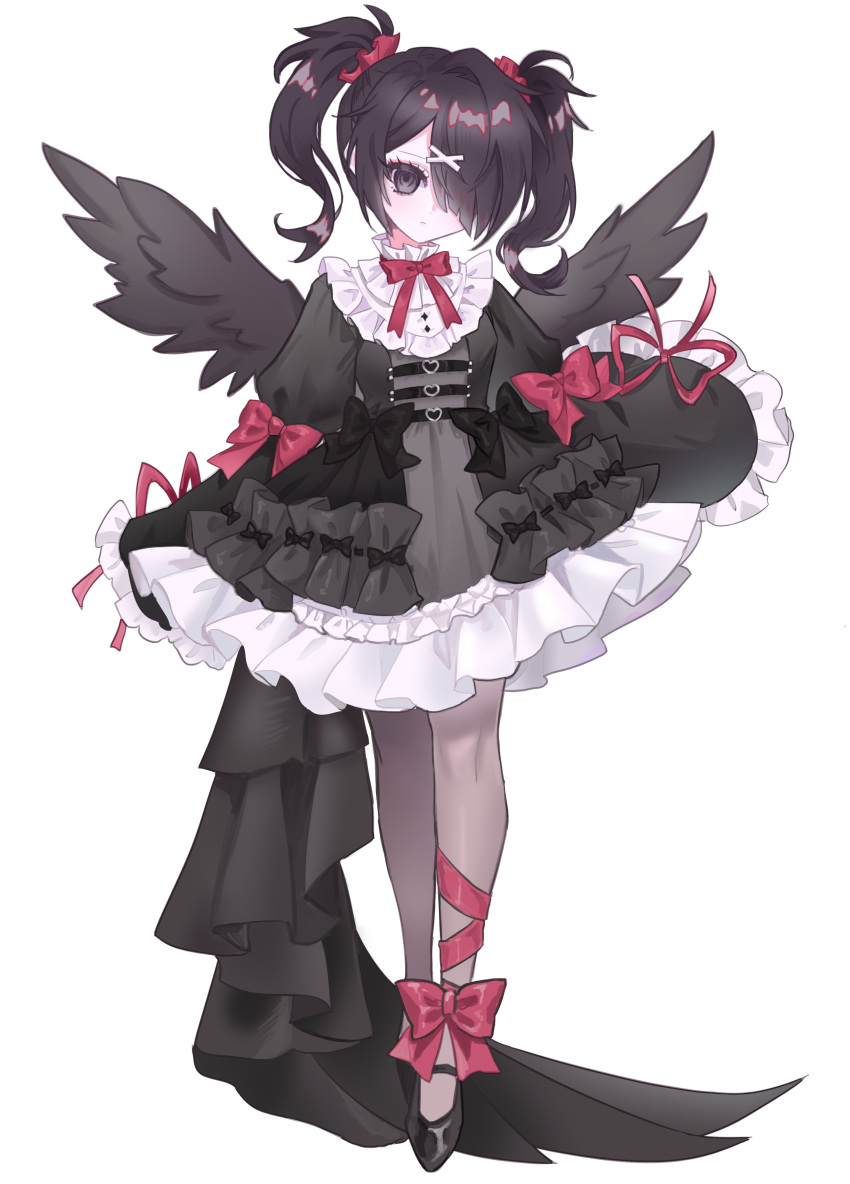 1girl absurdres ame-chan_(needy_girl_overdose) black_dress black_eyes black_hair black_wings bow closed_mouth dress feathered_wings fontana_0v0 frilled_dress frills gothic_lolita hair_over_one_eye highres lolita_fashion long_hair long_sleeves needy_girl_overdose pantyhose puffy_long_sleeves puffy_sleeves red_bow red_ribbon ribbon simple_background solo twintails white_background wings