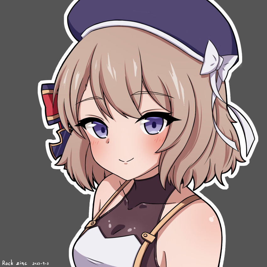 1girl azur_lane bare_shoulders beret blue_headwear bow breasts brown_hair closed_mouth collarbone commentary_request covered_collarbone cross dated hair_bow hat hat_bow highres iron_cross medium_breasts outline purple_eyes rock_zinc signature smile solo striped_bow upper_body white_bow white_outline z23_(azur_lane)