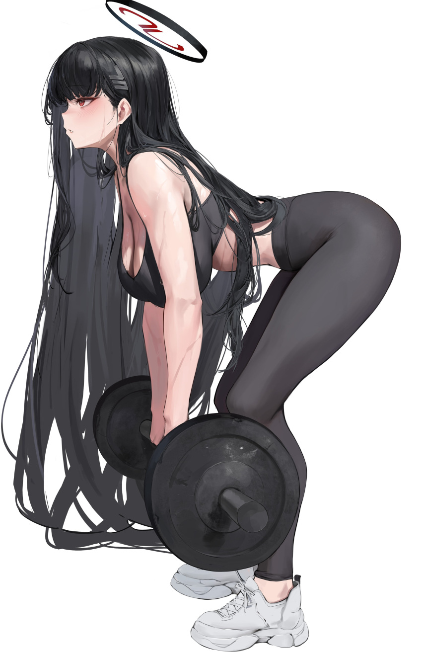 1girl absurdres barbell bare_shoulders bent_over black_hair black_pants black_sports_bra blue_archive blush breasts cleavage exercise hair_ornament hairclip halo highres large_breasts leviathan_(hikinito0902) long_hair pants red_eyes rio_(blue_archive) shoes sneakers solo sports_bra tight_clothes tight_pants weightlifting white_background yoga_pants