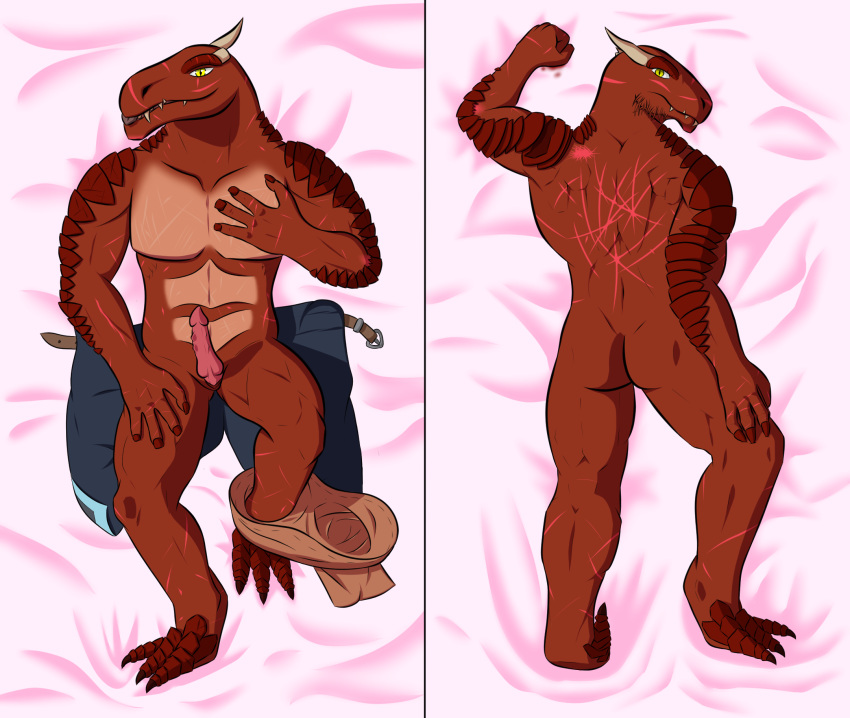 3_toes 4_fingers animal_genitalia animal_humanoid annoyed anthro bedroom_eyes big_muscles blood bodily_fluids broken_horn butt claws clothing dakimakura_design dragon dragon_humanoid duo erection feet fingers front_view frown genital_slit genitals glare half-closed_eyes hi_res horn humanoid illogicaljumble looking_at_viewer lying male multiple_poses muscular narrowed_eyes nude on_back on_front penis pose pupils red_body scar seductive slit slit_pupils smile toes tongue tongue_out