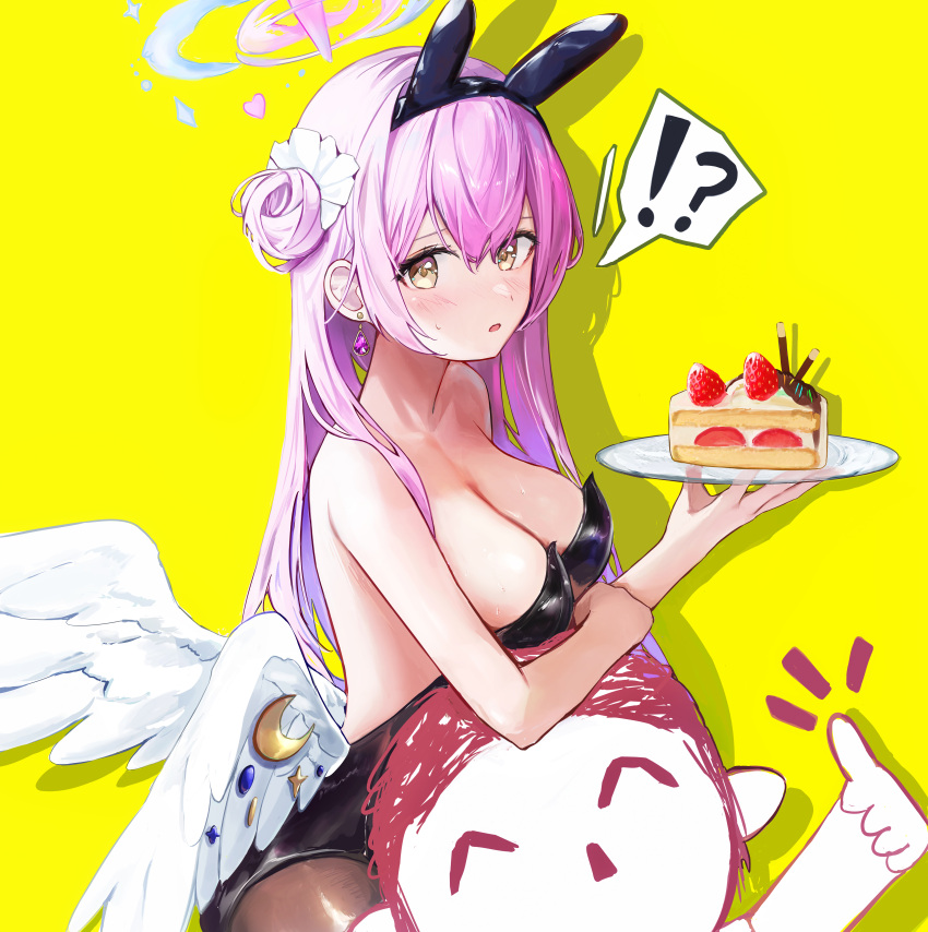 !? 1boy 1girl absurdres angel_wings animal_ears black_leotard black_pantyhose blue_archive blush breasts cake cake_slice cleavage crescent crescent_pin dana_(hapong07) doodle_sensei_(blue_archive) earrings fake_animal_ears feathered_wings food hair_between_eyes halo highres holding holding_plate jewelry large_breasts leotard long_hair looking_at_viewer mika_(blue_archive) open_mouth pantyhose pink_hair pink_halo plate rabbit_ears sensei_(blue_archive) simple_background strapless strapless_leotard white_wings wings yellow_background yellow_eyes