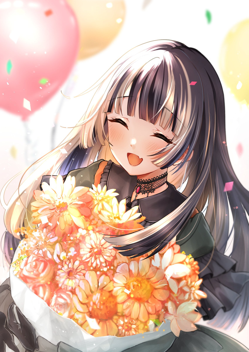 1girl absurdres balloon birthday black_choker black_gloves blunt_bangs blurry blurry_background blush bouquet brown_hair choker closed_eyes commentary confetti dress facing_viewer fang frilled_dress frills gem gloves green_dress happy happy_birthday highres holding holding_bouquet hololive hololive_dev_is juufuutei_raden kakapo_green lace lace_choker long_hair multicolored_hair open_mouth red_gemstone simple_background skin_fang smile solo standing streaked_hair two-tone_hair upper_body virtual_youtuber white_background white_hair