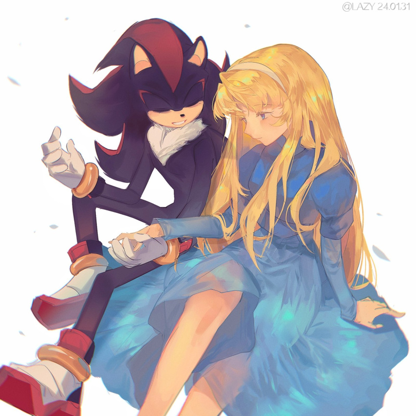 1boy 1girl animal_ears animal_nose artist_name black_footwear black_fur blonde_hair blue_dress blue_eyes blue_shirt blush body_fur boots bracelet closed_eyes closed_mouth dress furry furry_male gloves gold_bracelet hairband hand_up hedgehog hedgehog_ears highres jewelry layered_sleeves lazy_kun long_hair long_sleeves looking_at_another maria_robotnik multicolored_footwear petals puffy_short_sleeves puffy_sleeves red_footwear red_fur shadow_the_hedgehog shirt short_over_long_sleeves short_sleeves simple_background sitting smile sonic_(series) sonic_adventure_2 teeth two-tone_fur white_background white_footwear white_gloves white_hairband