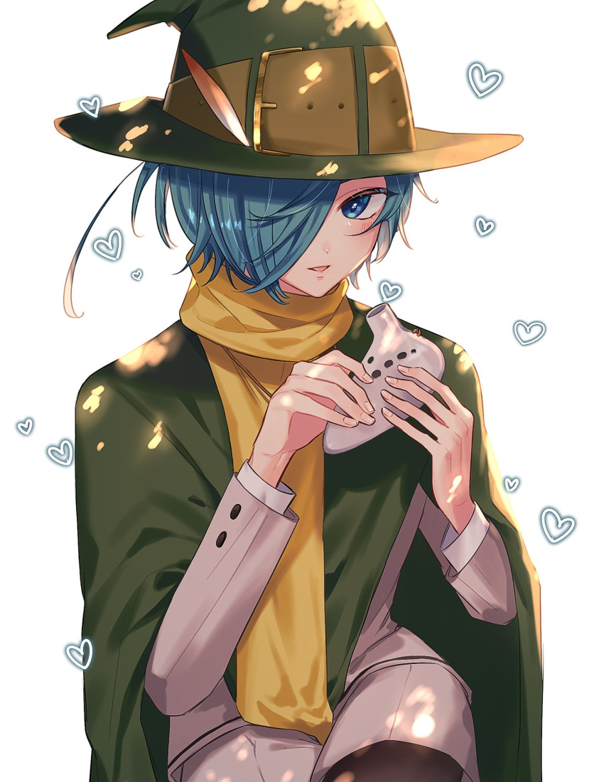 1girl black_pantyhose blue_eyes blue_hair cloak cowboy_shot green_cloak green_headwear hair_over_one_eye hat hat_belt hat_feather heart highres holding holding_instrument holding_ocarina instrument kimi_no_koto_ga_dai_dai_dai_dai_daisuki_na_100-nin_no_kanojo long_sleeves looking_at_viewer nakaji_uto ocarina open_mouth pantyhose popo_po731 scarf school_uniform short_hair shorts solo white_background yellow_scarf