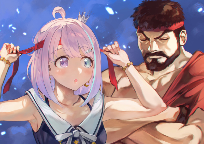 1boy 1girl :o beard black_hair blue_dress blue_eyes blush candy_hair_ornament closed_eyes closed_mouth crossed_arms crown dress earrings facial_hair falling_petals food-themed_hair_ornament hair_ornament headband heterochromia highres himemori_luna himemori_luna_(sundress) hololive jewelry long_hair looking_at_another mini_crown muscular muscular_male official_alternate_costume open_mouth otsudou petals pink_eyes pink_hair red_headband ryu_(street_fighter) short_hair street_fighter street_fighter_6 virtual_youtuber