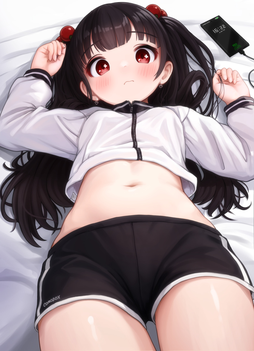 artist_name black_hair black_shorts blush breasts cellphone closed_mouth commentary comodomodo cowboy_shot cropped_jacket earrings english_commentary hair_bobbles hair_ornament heart heart_earrings highres jacket jewelry long_hair long_sleeves looking_at_viewer lulla_(comodomodo) lying navel on_back original phone red_eyes short_shorts shorts small_breasts smartphone two_side_up white_jacket zipper