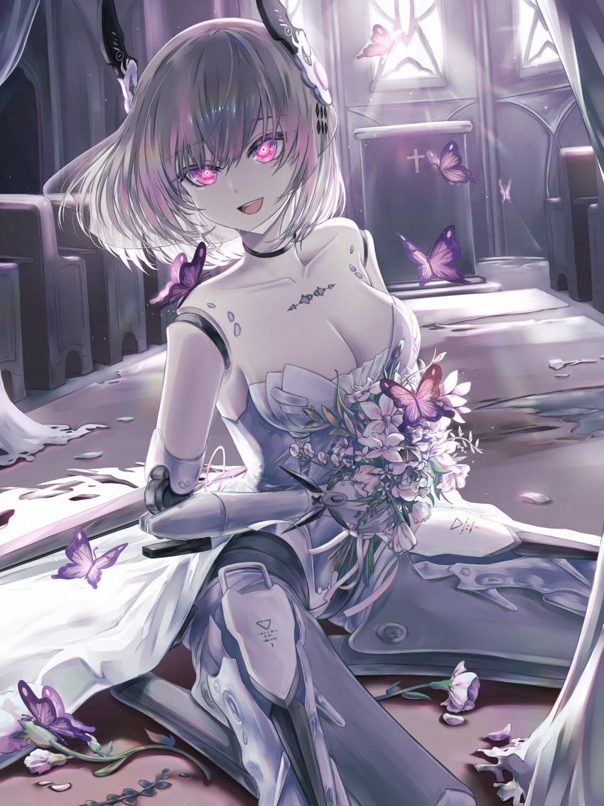 1girl bouquet breasts bug butterfly character_request church cleavage dress grey_dress grey_hair hair_ornament headgear highres holding holding_bouquet joints liv_(punishing:_gray_raven) mechanical_arms mechanical_legs nininininil official_alternate_costume open_mouth punishing:_gray_raven purple_eyes ringed_eyes robot_joints solo teeth upper_teeth_only