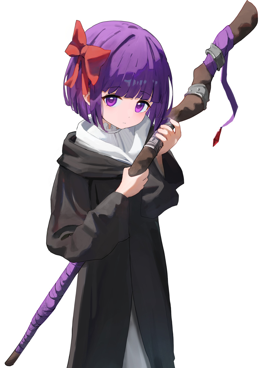 1girl absurdres aged_down backlighting black_robe blunt_bangs bob_cut bow child cowboy_shot dress english_commentary fern_(sousou_no_frieren) hair_bow head_tilt highres holding holding_staff looking_at_viewer mage_staff neratul purple_eyes purple_hair red_bow robe short_hair sideways_glance simple_background solo sousou_no_frieren staff straight_hair white_background white_dress