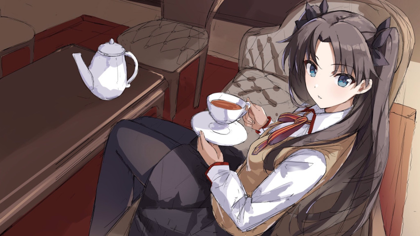 1girl black_hair black_pantyhose black_ribbon black_skirt blue_eyes blush brown_vest collared_shirt commentary couch cup fate/stay_night fate_(series) feet_out_of_frame from_side hair_ribbon highres holding holding_cup holding_plate indoors long_hair long_sleeves looking_at_viewer neck_ribbon official_alternate_costume on_couch pantyhose parted_bangs parted_lips plate red_ribbon ribbon school_uniform shirt sidelocks sitting sketch skirt solo tea teacup teapot tohsaka_rin tsurime vest white_shirt yanagi_marie