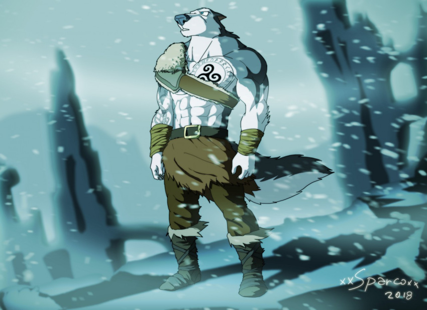 2018 abs anthro artist_name baldur_(deity) baldur_(xxsparcoxx) boots bottomwear canid canine canis clothing digital_media_(artwork) european_mythology footwear fur grey_body grey_fur male mammal multicolored_body multicolored_fur mythology norse_mythology pants snow snowing solo tattoo two_tone_body two_tone_fur white_body white_fur wolf xxsparcoxx