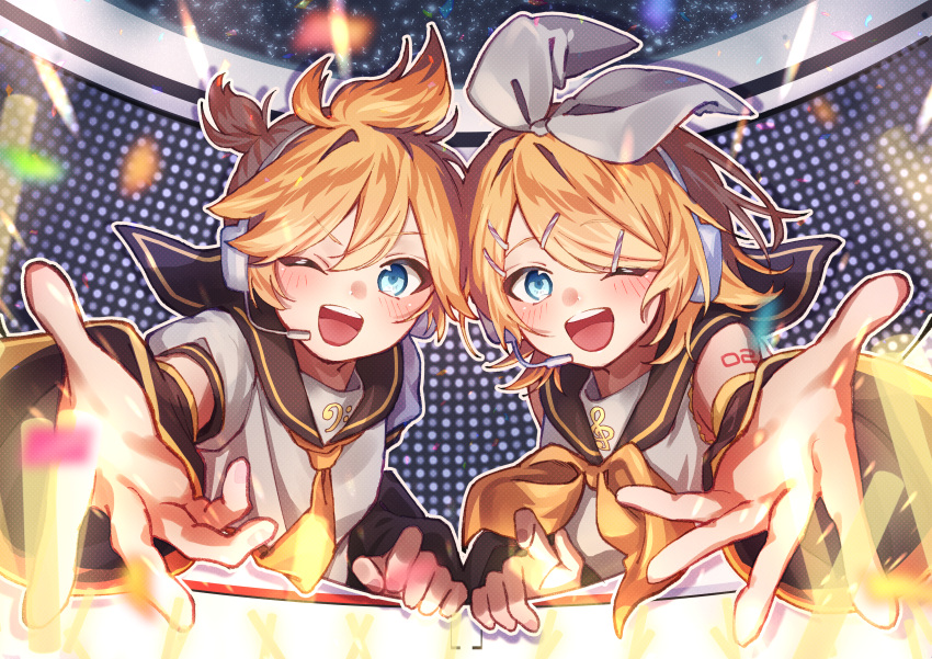 1boy 1girl absurdres ameto_yukino bass_clef blonde_hair blue_eyes blush bow detached_sleeves glowstick hair_bow hair_ornament hairclip headphones headset highres kagamine_len kagamine_rin neckerchief necktie open_mouth ponytail reaching reaching_towards_viewer sailor_collar shirt short_hair short_sleeves sleeveless sleeveless_shirt smile treble_clef vocaloid