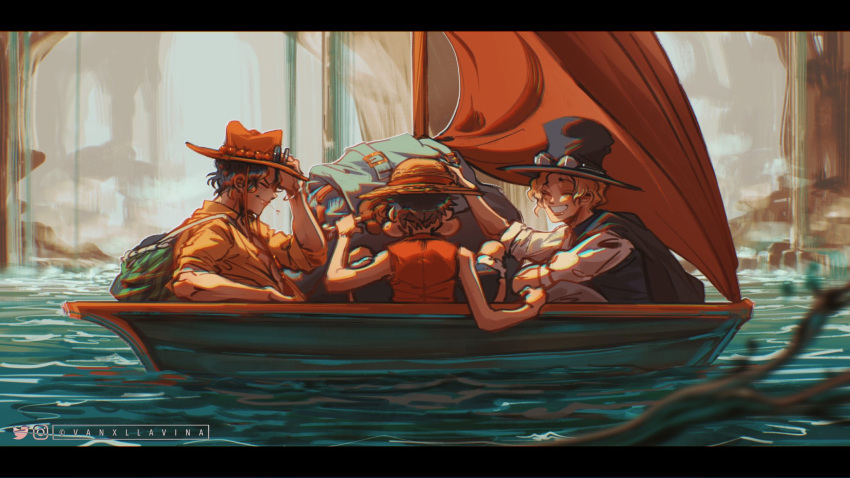 3boys back bag black_hair blonde_hair closed_eyes commentary eating elbow_pads food goggles goggles_on_headwear hat highres instagram_username letterboxed male_focus meat monkey_d._luffy multiple_boys one_piece portgas_d._ace profile red_shirt sabo_(one_piece) sail scar scar_on_face shirt short_hair shorts shoulder_bag sleeveless sleeveless_shirt smile straw_hat top_hat twitter_username vanxllavina wavy_hair