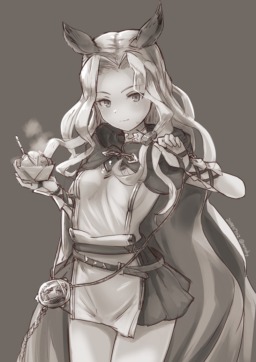 1girl animal_ears belt breasts cat_ears cloak dress erune food granblue_fantasy greyscale highres hood hooded_cloak long_hair looking_at_viewer medallion miniskirt monochrome nosuku parted_bangs pelvic_curtain scathacha_(granblue_fantasy) short_dress sideless_outfit skirt small_breasts smile solo thighs