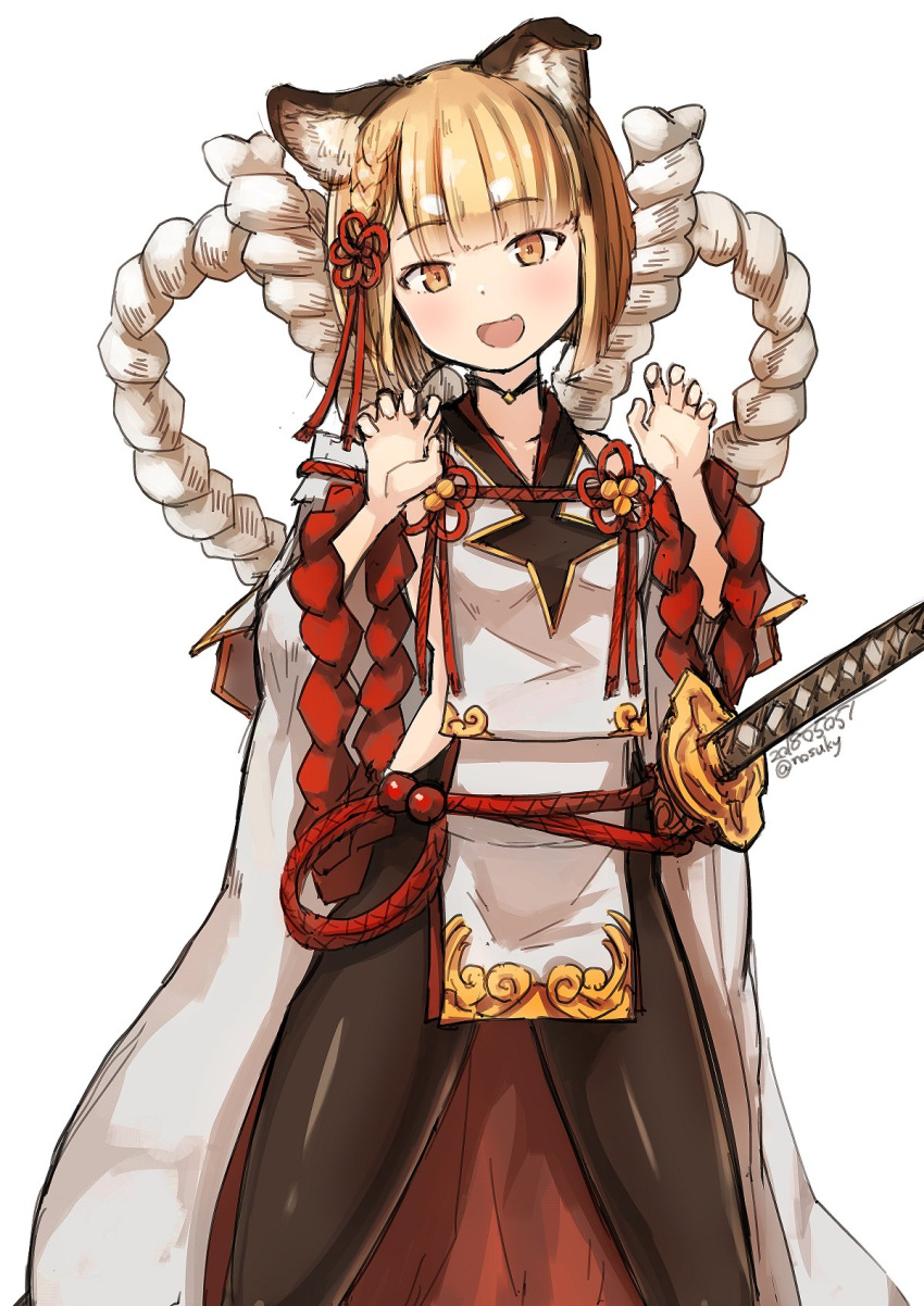 1girl animal_ears blonde_hair blush breasts brown_pantyhose choker dog_ears dog_girl erune granblue_fantasy highres japanese_clothes katana kimono long_sleeves looking_at_viewer nosuku open_mouth pantyhose pelvic_curtain rope short_hair small_breasts smile solo sword vajra_(granblue_fantasy) weapon white_kimono wide_sleeves yellow_eyes