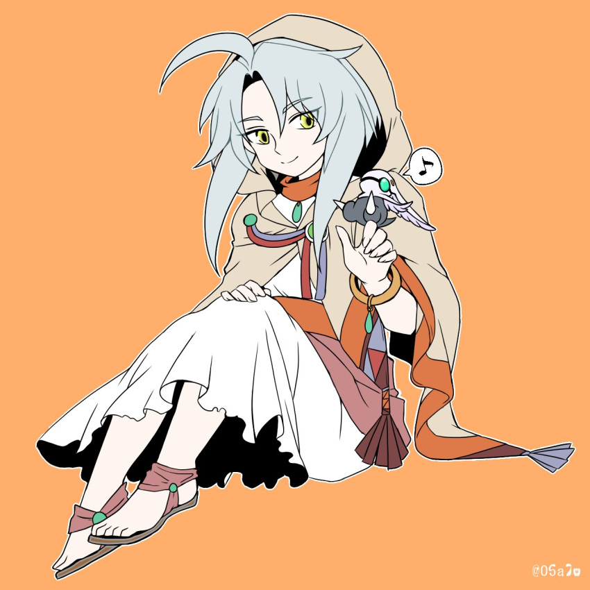 05a7w ahoge character_request closed_mouth dress feet full_body golden_sun highres hood huge_ahoge jewelry long_hair looking_at_viewer musical_note simple_background smile solo white_hair yellow_eyes