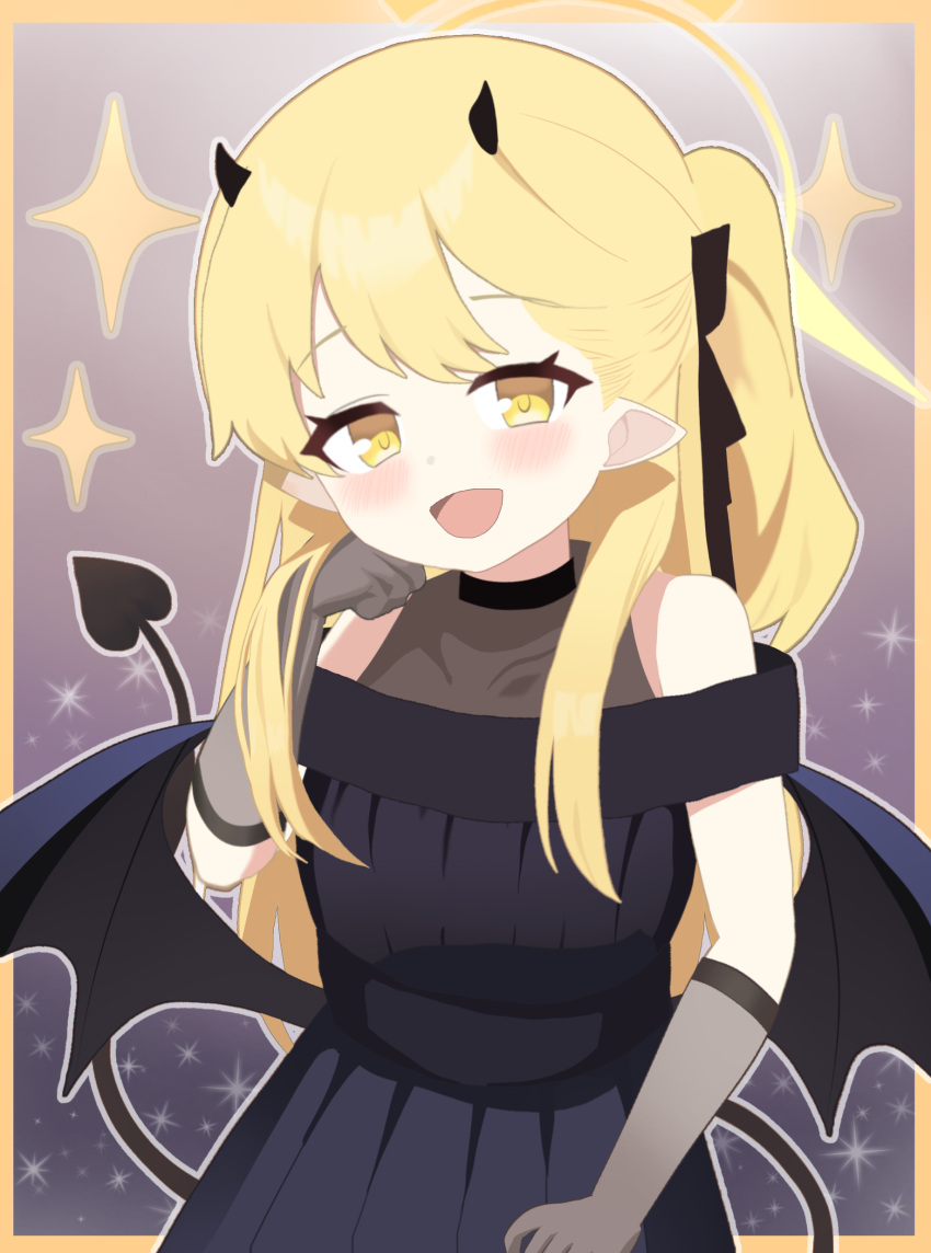 1girl absurdres black_dress black_tail black_wings blonde_hair blue_archive blush demon_tail demon_wings dress highres homulily ibuki_(blue_archive) ibuki_(dress)_(blue_archive) long_hair looking_at_viewer official_alternate_costume open_mouth side_ponytail smile solo tail wings yellow_eyes