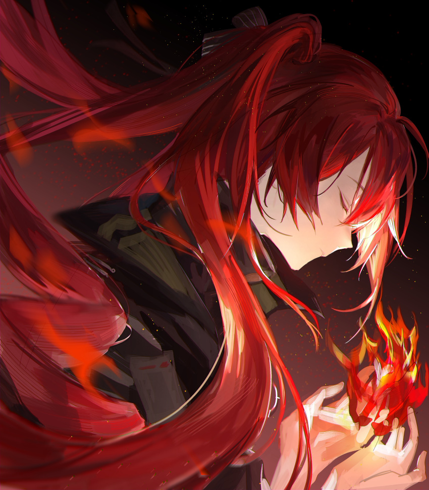 1girl absurdres black_bow black_jacket bow casting_spell chinese_commentary closed_eyes commentary fiery_background fire floating_hair from_side gradient_background hair_bow hands_up highres ignis_(path_to_nowhere) jacket long_hair path_to_nowhere profile red_hair reviplus solo striped_bow twintails upper_body