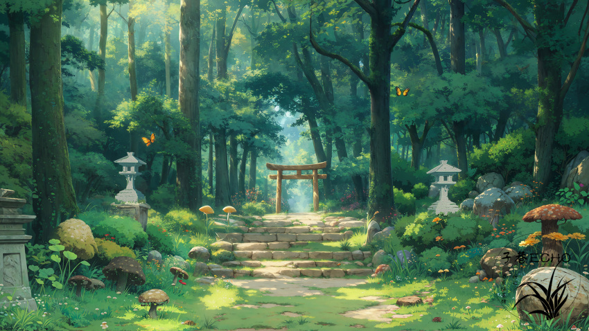 artist_logo bug butterfly day forest highres mushroom nature no_humans original outdoors scenery stairs stone_lantern torii tree xingzhi_lv