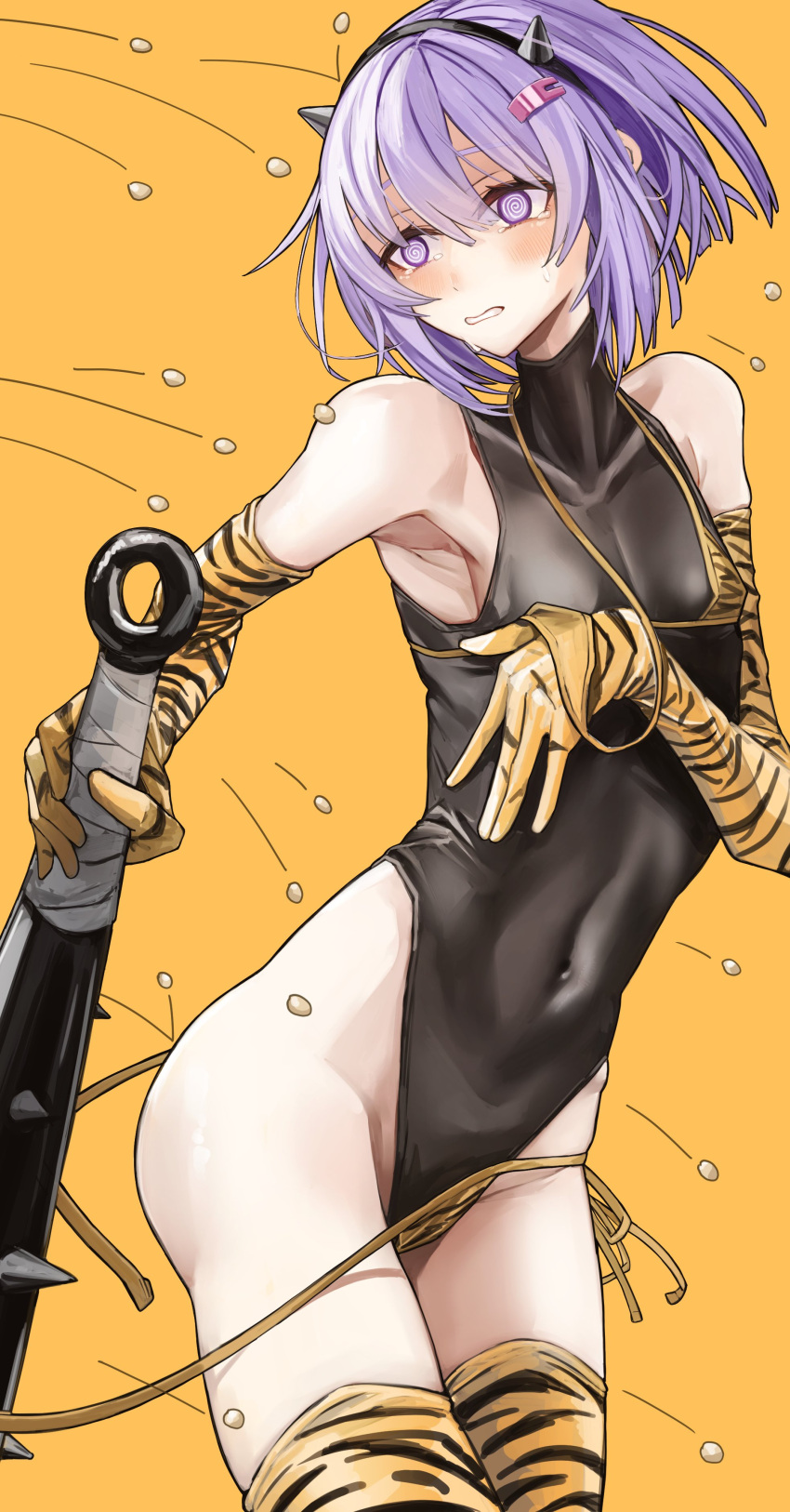 1girl @_@ absurdres animal_print armpits beans black_leotard elbow_gloves gloves highres leopard_print leotard oni original purple_eyes safutsuguon solo thighhighs thighs throwing yellow_background yellow_gloves yellow_thighhighs