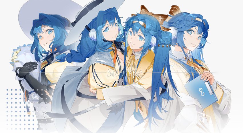 2girls arknights astesia_(arknights) astesia_(fantastic_crafts)_(arknights) astesia_(starseeker)_(arknights) astgenne_(arknights) astgenne_(her_aspiration)_(arknights) black_gloves blue_eyes blue_hair bouquet braid chinese_commentary clipboard commentary_request feather_hair gloves hat headband highres holding holding_bouquet holding_clipboard hug jacket liliyfox long_hair looking_at_viewer multiple_girls rhine_lab_logo sample_watermark siblings simple_background sisters smile twintails upper_body watermark white_background white_headwear yellow_jacket