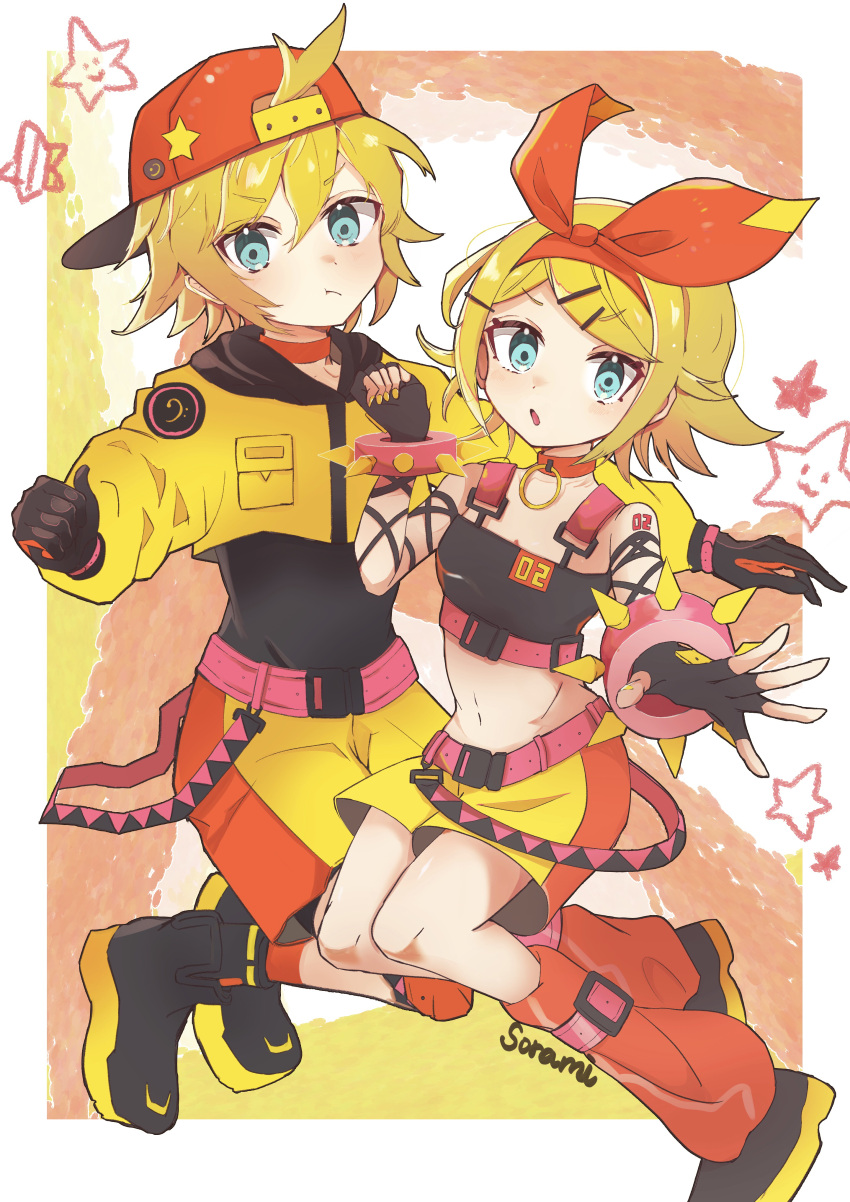 1boy 1girl :t absurdres arm_ribbon backwards_hat belt blonde_hair blue_eyes bodysuit bow bow_hairband bracelet choker crop_top cropped_jacket fingerless_gloves flipped_hair gloves hair_bow hairband hat highres jewelry kagamine_len kagamine_rin knee_pads leg_warmers long_sleeves looking_at_viewer midriff nail_polish open_mouth ribbon short_hair shorts socks sorami spiked_bracelet spikes star_(symbol) vocaloid