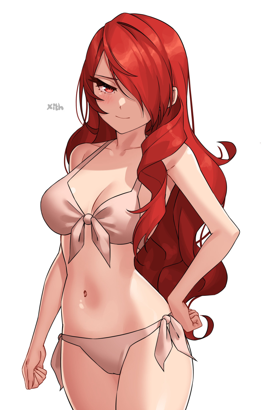 1girl absurdres bikini blush breasts embarrassed front-tie_bikini_top front-tie_top hair_over_one_eye highres kirijou_mitsuru long_hair navel persona persona_3 red_eyes red_hair side-tie_bikini_bottom simple_background solo swimsuit thighs wavy_hair x_xith_x