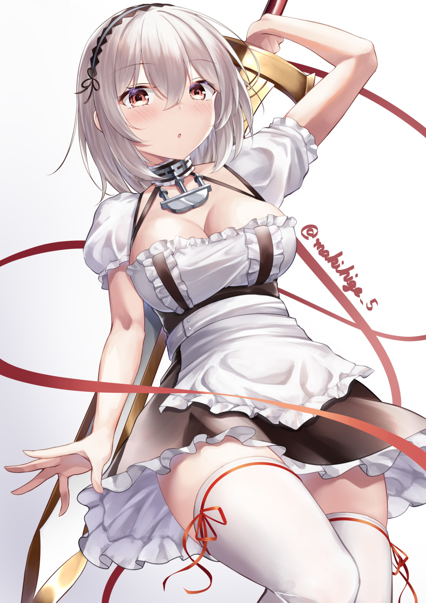 1girl absurdres anchor_choker apron artist_name azur_lane breasts brown_dress choker cleavage commentary_request dress framed_breasts frilled_choker frilled_dress frills hair_between_eyes hairband highres holding holding_sword holding_weapon lace-trimmed_hairband lace_trim large_breasts looking_at_viewer makihige puffy_short_sleeves puffy_sleeves red_eyes red_ribbon ribbon ribbon-trimmed_thighhighs short_hair short_sleeves simple_background sirius_(azur_lane) solo sword sword_behind_back thighhighs waist_apron weapon white_apron white_dress white_hair white_thighhighs