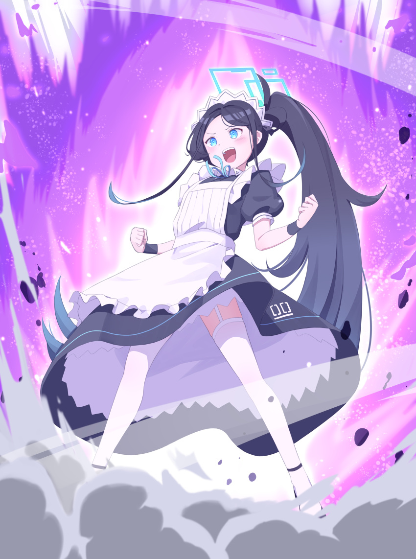 1girl absurdly_long_hair absurdres apron aris_(blue_archive) aris_(maid)_(blue_archive) black_dress black_footwear black_hair blue_archive blue_eyes blue_halo blush clenched_hands dress frilled_apron frills full_body garter_straps halo highres long_hair maid maid_apron maid_headdress official_alternate_costume open_mouth ponytail puffy_short_sleeves puffy_sleeves shoes short_sleeves smile solo t-hou thighhighs very_long_hair white_apron white_thighhighs