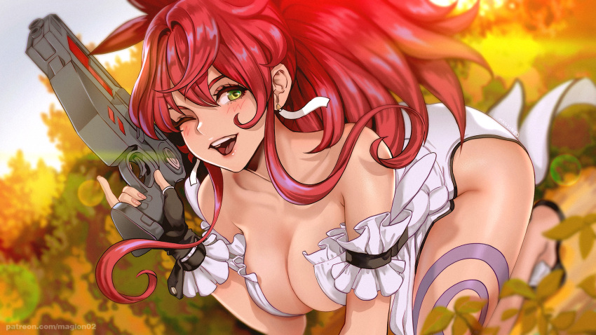 1girl arm_garter artist_name bare_shoulders blurry blush breasts cleavage collarbone depth_of_field earrings fingerless_gloves frills gloves green_eyes gun handgun highres himeki_luna holding holding_gun holding_weapon jewelry large_breasts leg_tattoo long_hair magion02 nail_polish one_eye_closed open_mouth pinky_out red_hair shiny shiny_skin smile solo tattoo trigger_discipline vanguard_princess watermark weapon web_address