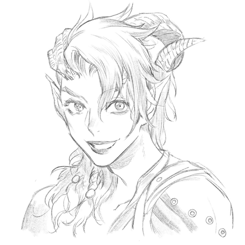 1girl :d armor baldur's_gate baldur's_gate_3 braid broken_horn collarbone demon_girl demon_horns dungeons_and_dragons greyscale grin hair_between_eyes highres horns karlach medium_hair monochrome pointy_ears portrait sao_(saowee) shoulder_armor smile solo teeth